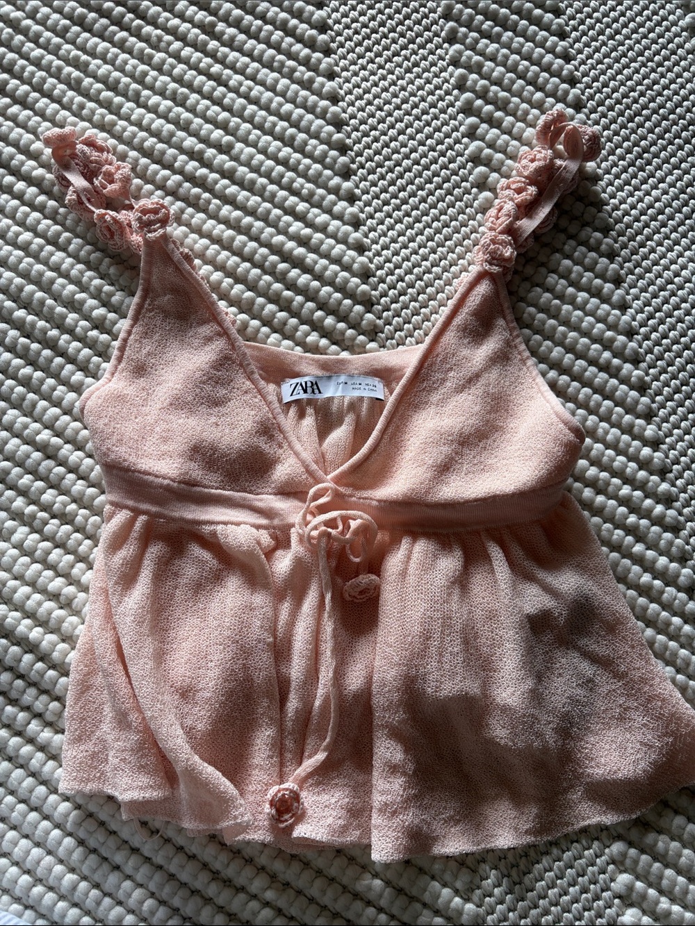 Zara Soft Pink Knit Tie-Front Tank with Floral-Strap Detail